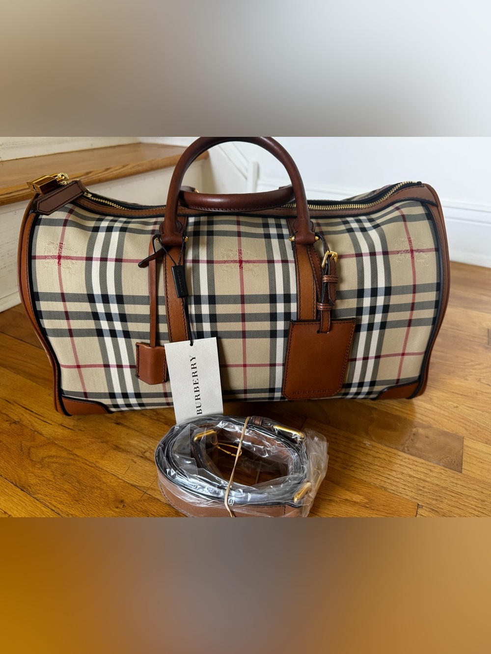 Burberry Beige Vintage Check Large Duffel with Brown Leather Trim
